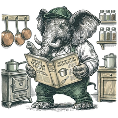 Regi the elephant reading a Press Kitchen Recipes cookbook